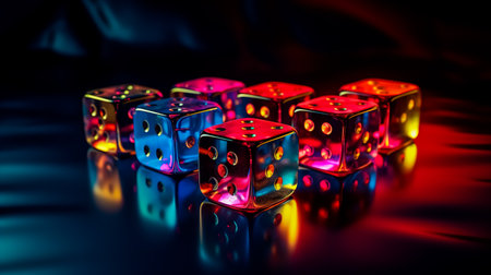 Multi-colored dice on a black background. Symbol of game and excitement.の素材