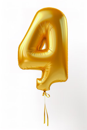 Helium golden balloon shape of number four, 4. Isolated on white.の素材