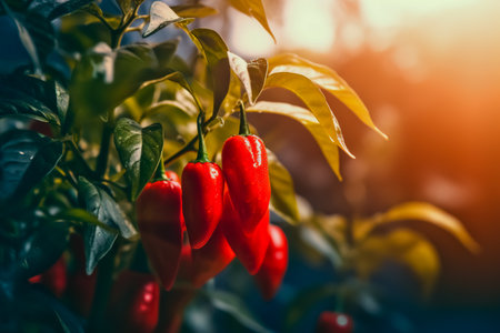 Ripe red hot pepper growing on a bush in a greenhouse.の素材