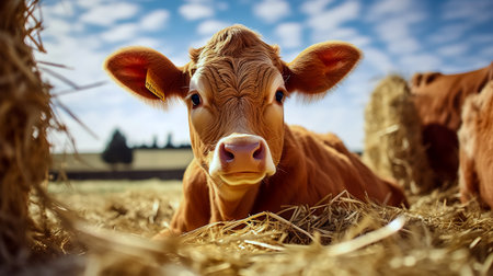 Red Cattle, lying on hay at spring field. Orange breed cow for meat and milk. Farming,の素材