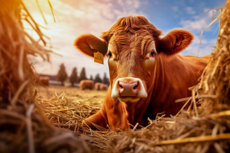 Red Cattle, lying on hay at spring field. Orange breed cow for meat and milk. Farming,の素材