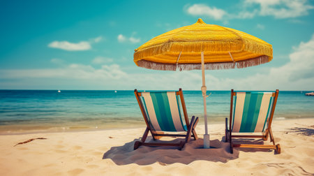 Two lounge chairs and a sunshade umbrella on the beach.の素材
