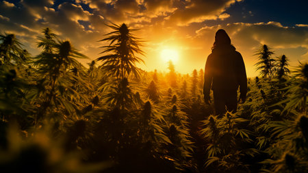 Silhouette of a man on a cannabis plantation in sunlight.の素材