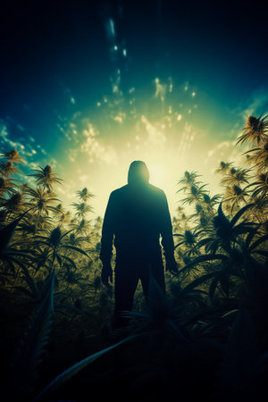 Silhouette of a man on a cannabis plantation in sunlight.の素材