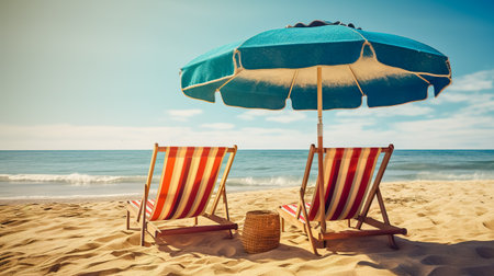 Two lounge chairs and a sunshade umbrella on the beach.の素材