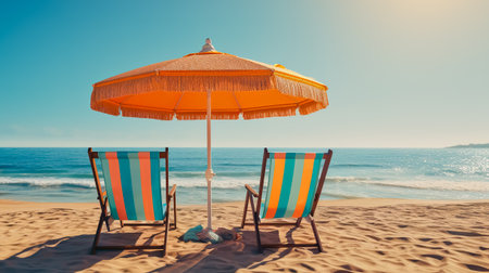Two lounge chairs and a sunshade umbrella on the beach.の素材