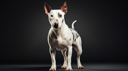Spotted bull terrier standing on a gray background.の素材