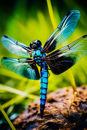 Black blue dragonfly close up. Deep blue dragonfly sits on the grass dragonfly in nature habitat. Insect dragonfly close up macro.の素材