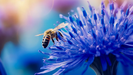A bee collects pollen from a cornflower. Blue bee cornflower, close up on natural background. macro photography.の素材