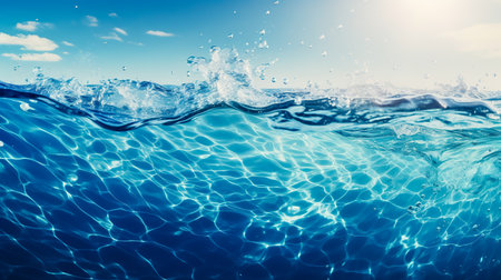 Abstract blue sea water with white wave for background. Blue mediterranean sea. sea splash sailing boat trail on the water.の素材