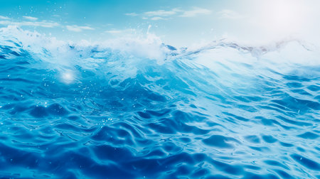 Abstract blue sea water with white wave for background. Blue mediterranean sea. sea splash sailing boat trail on the water.の素材