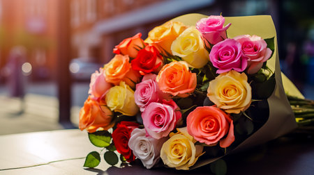 Colorful roses bouquet display in front of flower shop. Flower arrangements for sale at local market.の素材