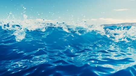 Abstract blue sea water with white wave for background. Blue mediterranean sea. sea splash sailing boat trail on the water.の素材
