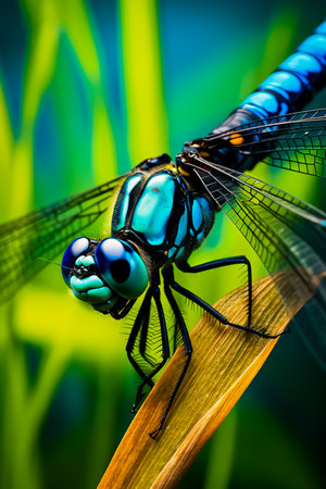Black blue dragonfly close up. Deep blue dragonfly sits on the grass dragonfly in nature habitat. Insect dragonfly close up macro.の素材