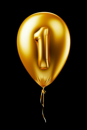 Helium golden balloon shape of number one, 1. Isolated on black.の素材