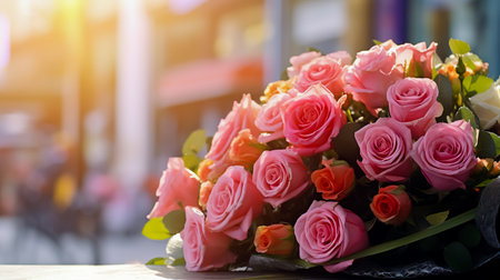 Colorful roses bouquet display in front of flower shop. Flower arrangements for sale at local market.の素材