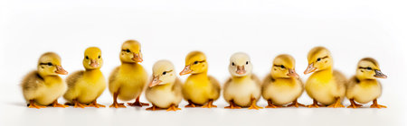 Collage of cute yellow ducklings isolated on a white background. Panorama of newborn baby ducks, can be used as banner.の素材