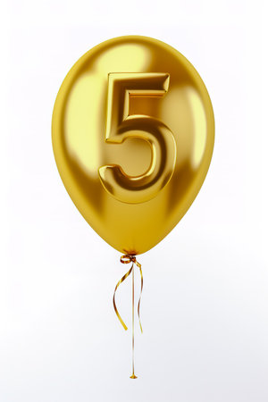 Helium golden balloon shape number five, 5. Isolated on white.の素材