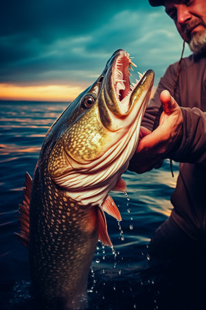 Fisherman holds a caught pike perch in hands against the background of the sea.の素材