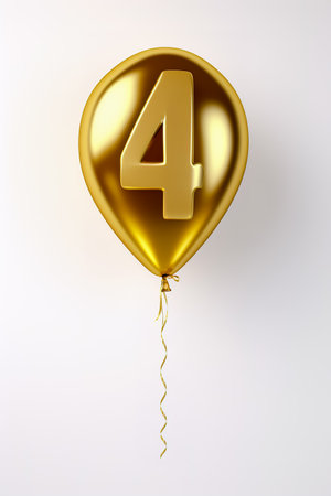 Helium golden balloon shape of number four, 4. Isolated on white.の素材