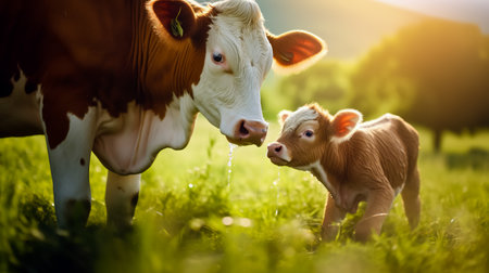 Calf drinking milk from mother. Cow with newborn calf on green grass of meadow.の素材