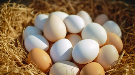 Chicken white eggs close up. farm chicken ecologic eggs.の素材