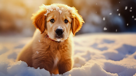 Cute young golden retriever puppy playing in the snow at winter.の素材