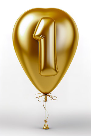 Helium golden balloon shape of number one, 1. Isolated on white.の素材