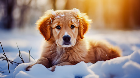 Cute young golden retriever puppy playing in the snow at winter.の素材