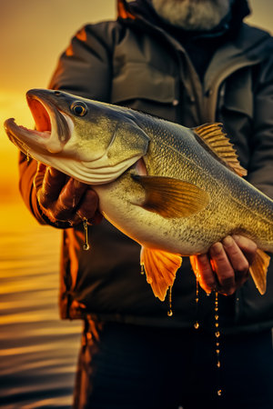 Fisherman holds a caught pike perch in hands against the background of the sea.の素材