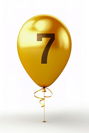 Helium golden balloon shape number seven, 7. Isolated on white.の素材