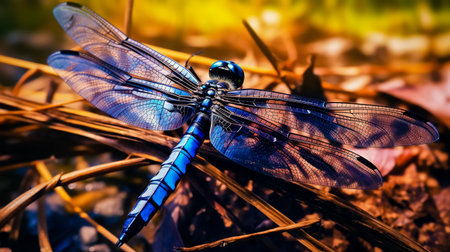 Black blue dragonfly close up. Deep blue dragonfly sits on the grass dragonfly in nature habitat. Insect dragonfly close up macro.の素材