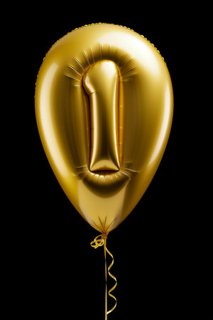 Helium golden balloon shape of number one, 1. Isolated on black.の素材