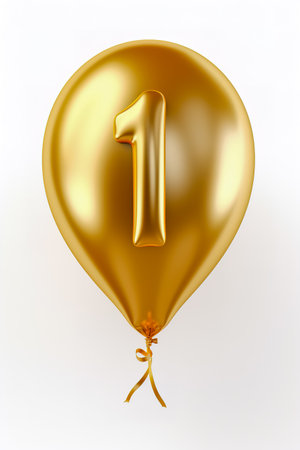 Helium golden balloon shape of number one, 1. Isolated on white.の素材