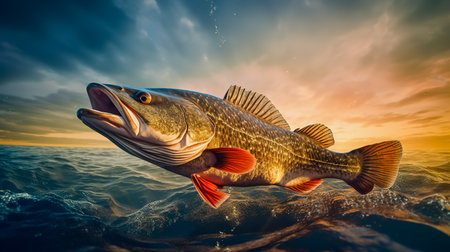 Fisherman holds a caught pike perch in hands against the background of the sea.の素材