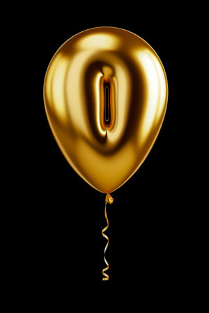 Helium golden balloon shape of number zero, 0. Isolated on black.の素材