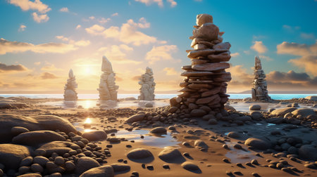 Stone tower's on rocky beach with wave splashes. soft focus oval pebble one on another make up group.の素材