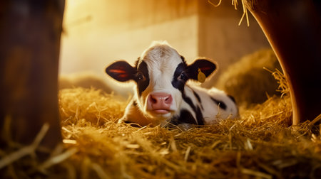 Cute young calf lies in straw. Calf lying in straw inside dairy farm in the barn.の素材