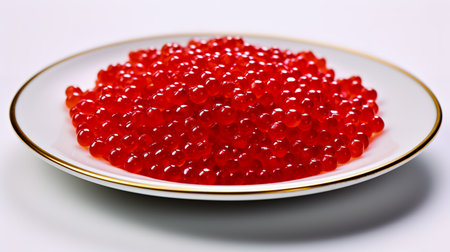 Plate with red caviar on white background.の素材