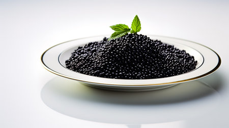 Plate with black caviar on white background.の素材