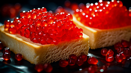 Sandwiches with red caviar on white plate close up.の素材