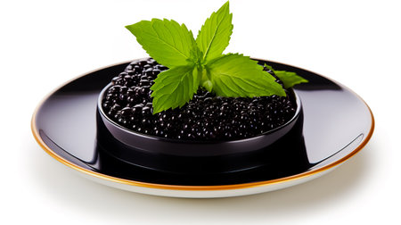 Plate with black caviar on white background.の素材
