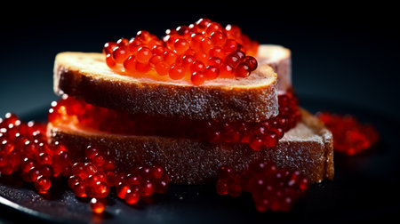 Sandwiches with red caviar on white plate close up.の素材