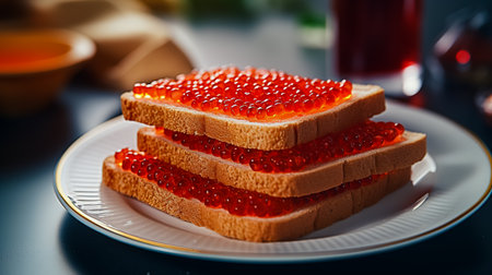 Sandwiches with red caviar on white plate close up.の素材