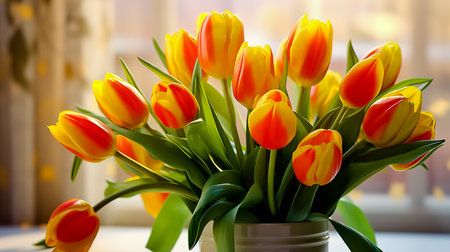Tulip, tulips bouquet. Present for March 8, International Women's Day. Holiday decor with flowers. Bouquet with colorful tulips.の素材