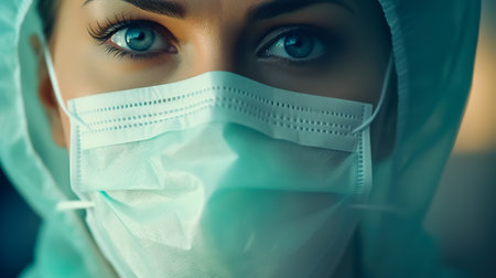 Woman wearing medical mask. Masked woman - protection against influenza virus.の素材
