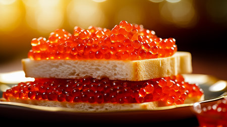 Sandwiches with red caviar on white plate close up.の素材