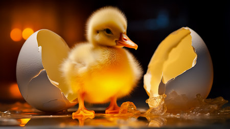 Newborn duckling with broken egg shell. Eggshell and newborn duckling.の素材