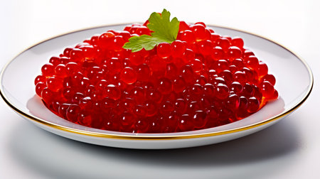 Plate with red caviar on white background.の素材