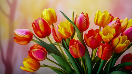 Tulip, tulips bouquet. Present for March 8, International Women's Day. Holiday decor with flowers. Bouquet with colorful tulips.の素材